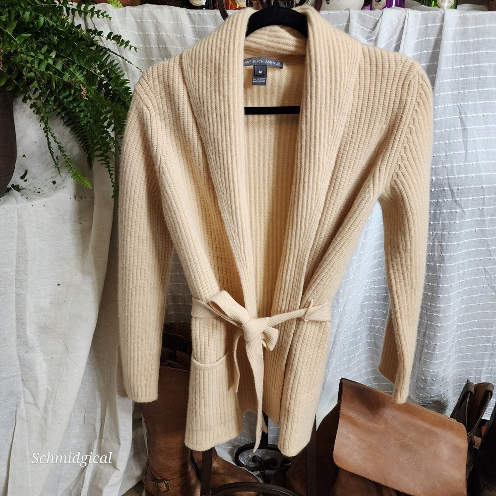 Saks Fifth Avenue 100% Cashmere Ribbed Belted Cardigan Tan Beige Medium